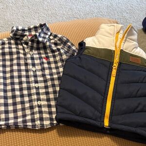 Eddie Bauer Navy and White Checkered Shirt with Puffer Vest